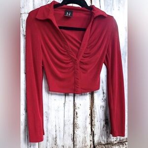 🚨naked wardrobe Red Ruched Long-Sleeve Crop Top with Covered Buttons
